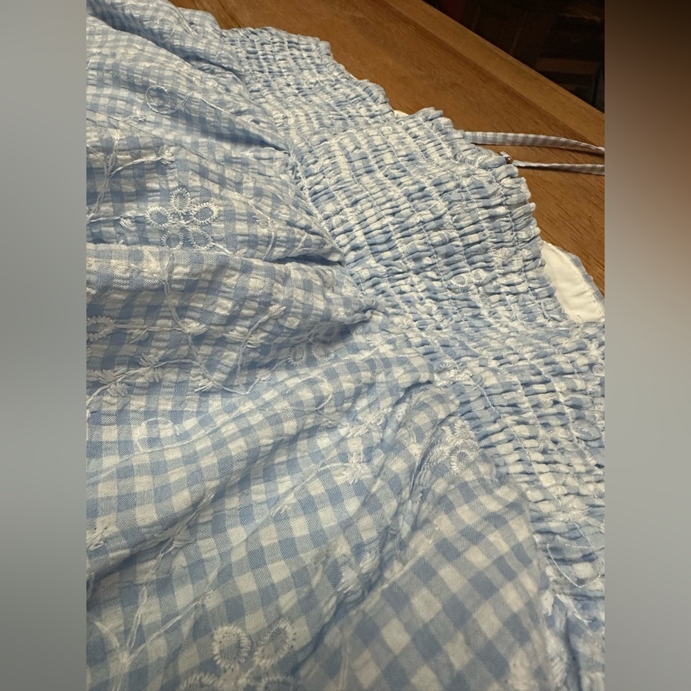 Arula Altar'd State NWOT gingham embroidered tiered mini dress 0X, 20" Ptp - Picture 9 of 9
